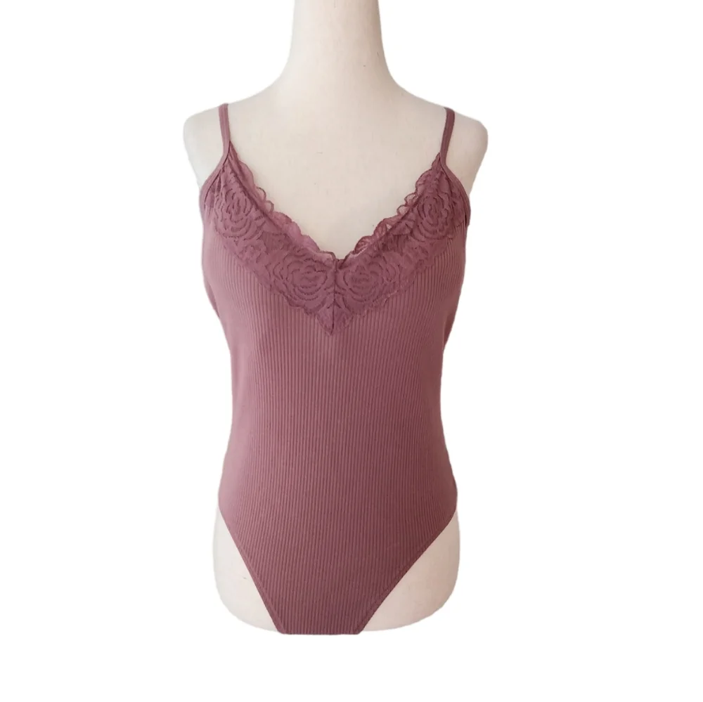 PINK Victoria's Secret Taupe Ribbed with Lace Bodysuit XL